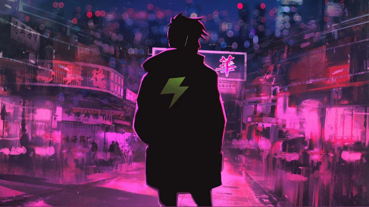 neon-drenched rainy cityscape, night, green lightning bolt, HD Desktop Wallpaper