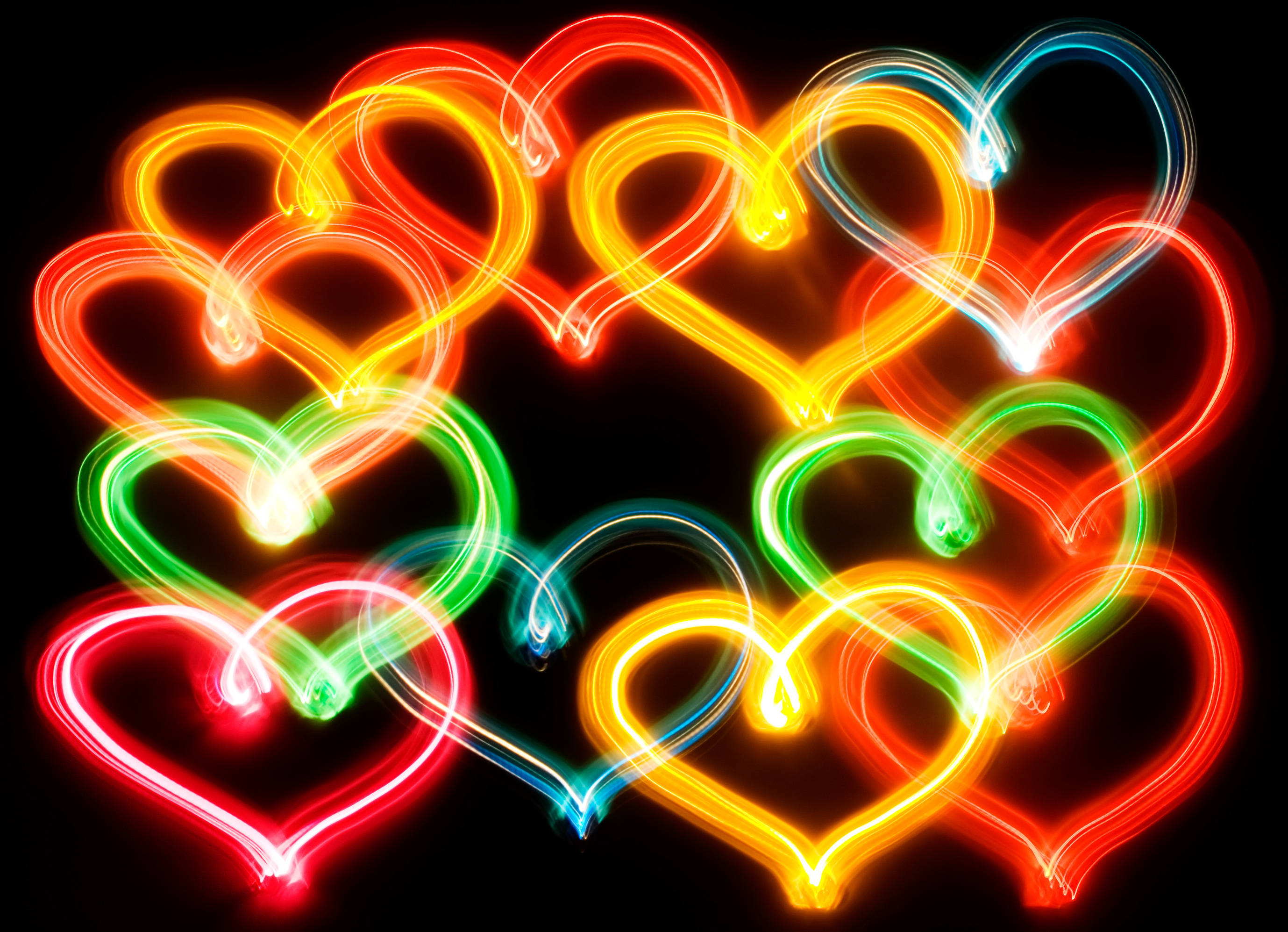 Cute Neon Love Heart Lights, neon hearts, red orange yellow green blue, 2K Desktop Wallpaper