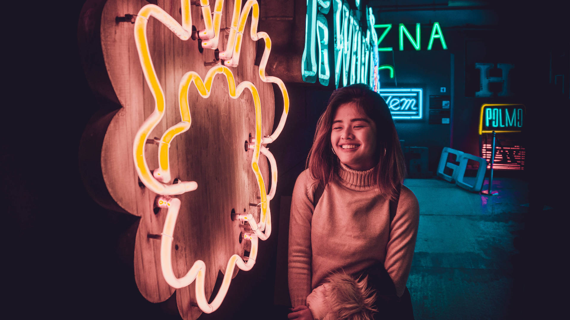 girl neon smile, neon flower, glowing yellow neon, Full HD Desktop Wallpaper