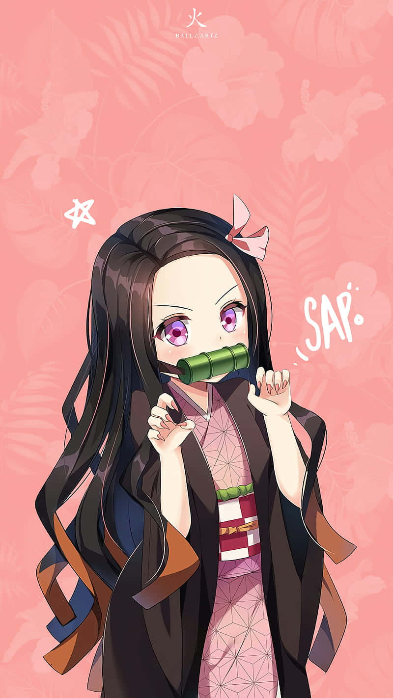 Cute Nezuko, pink frowning, bamboo pipe, HD Phone Wallpaper