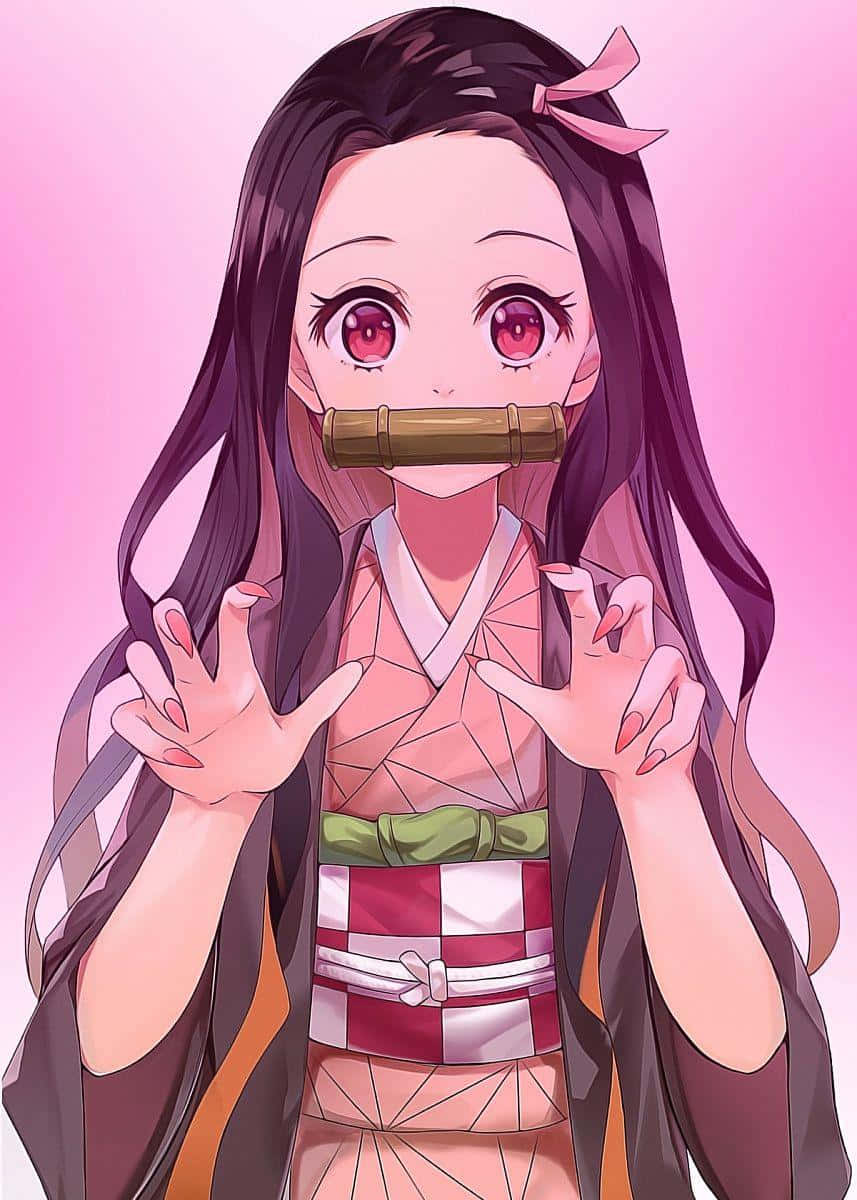 Cute Nezuko, pink eyes, traditional kimono, SD Phone Wallpaper