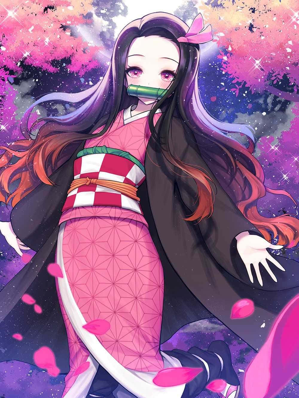 Cute Nezuko, pink kimono, cosmic sky, HD Phone Wallpaper