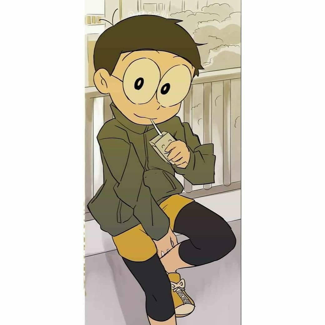 Cute Nobita, juice box, balcony railing, SD Desktop Wallpaper