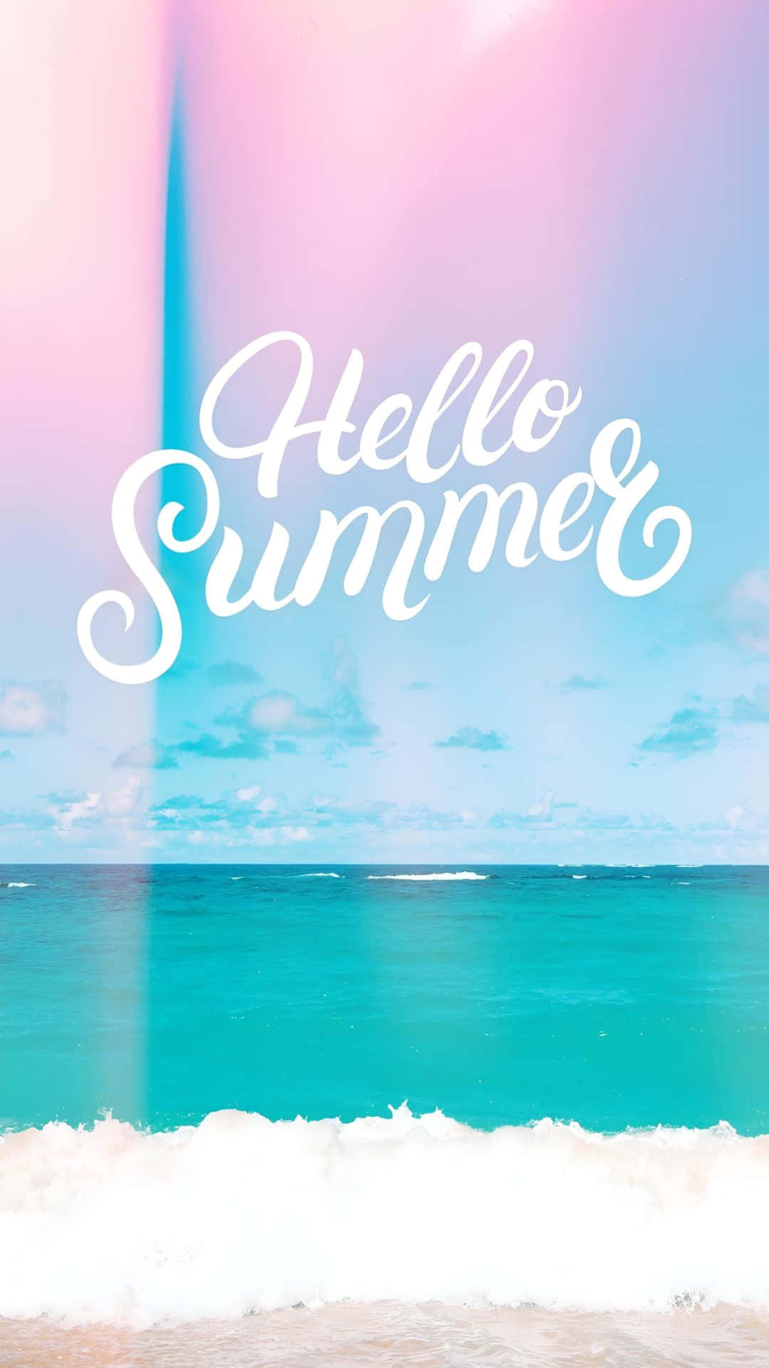 turquoise waves, pastel pink and blue sky, cursive text Hello Summer, Full HD Phone Wallpaper