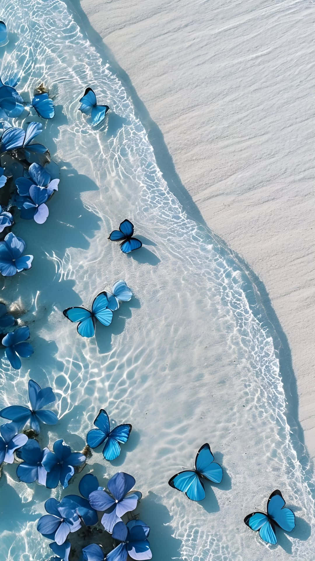 blue butterflies, ocean shore, clear shallow water, Full HD Phone Wallpaper