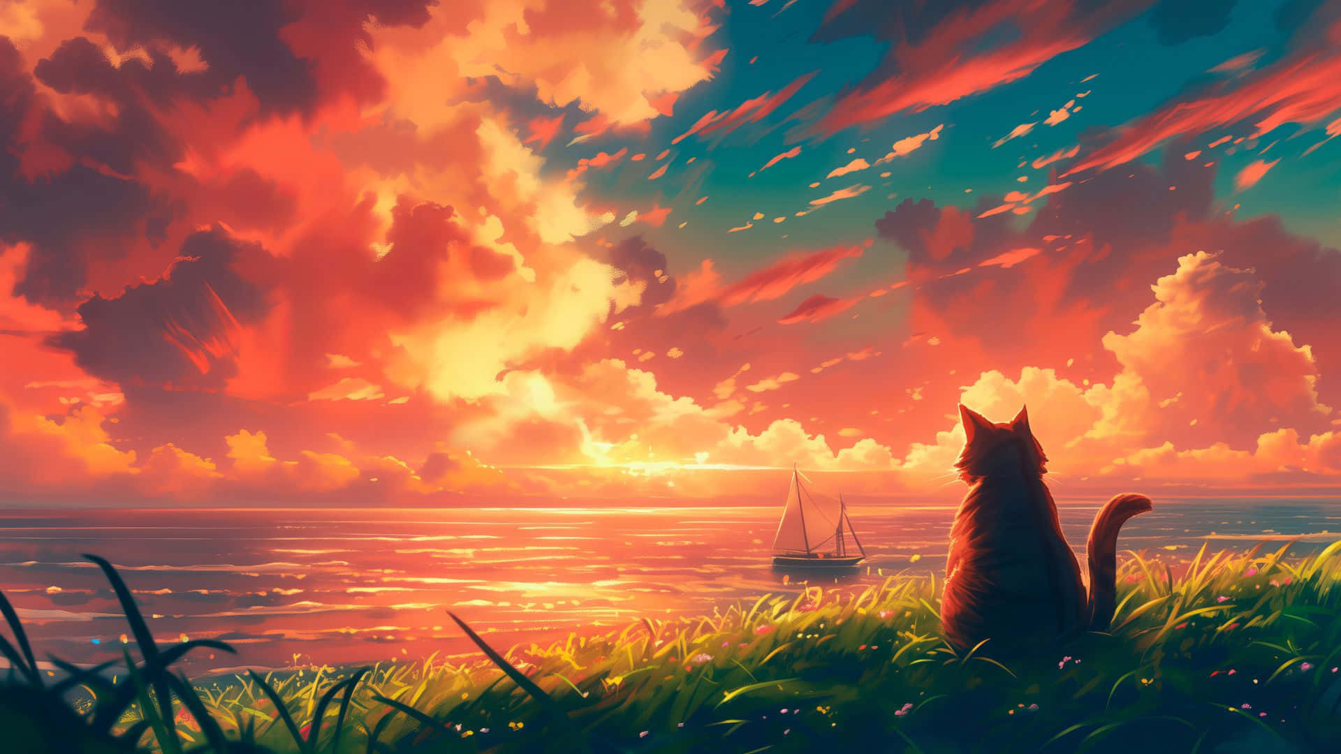 cat, ocean, sunset, Full HD Desktop Wallpaper