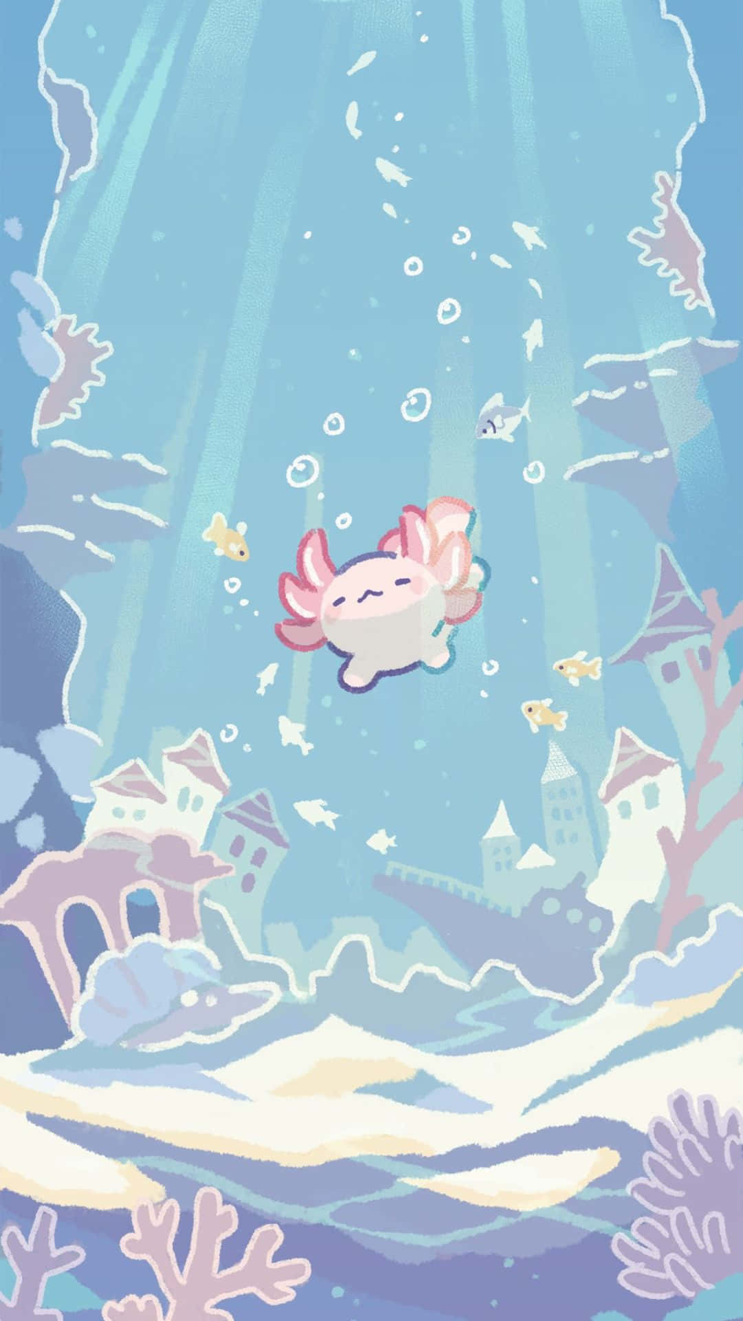 pink axolotl, sunlit blue water, coral, Full HD Phone Wallpaper