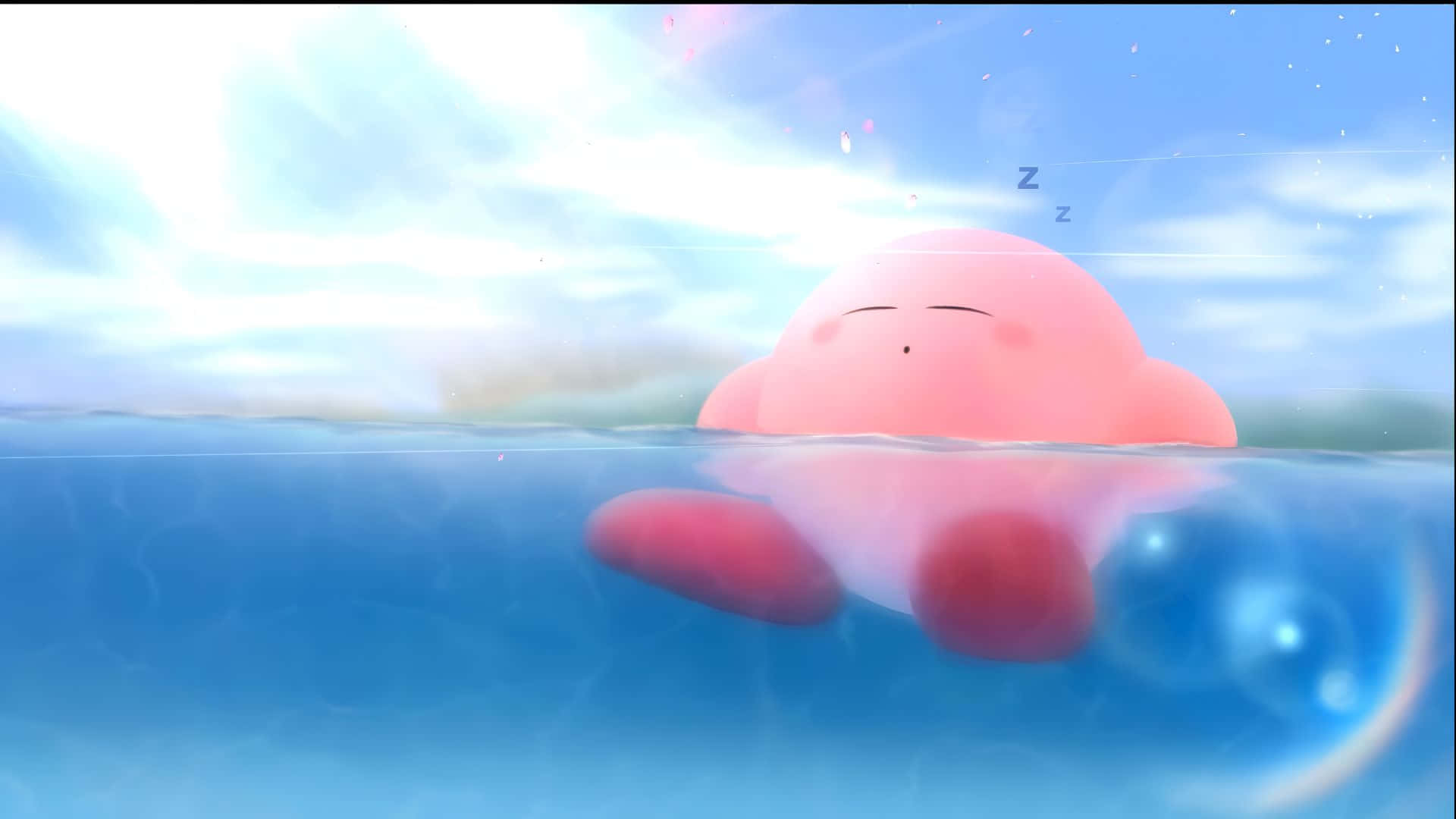 pink Kirby, clear blue water, bright sky, Full HD Desktop Wallpaper