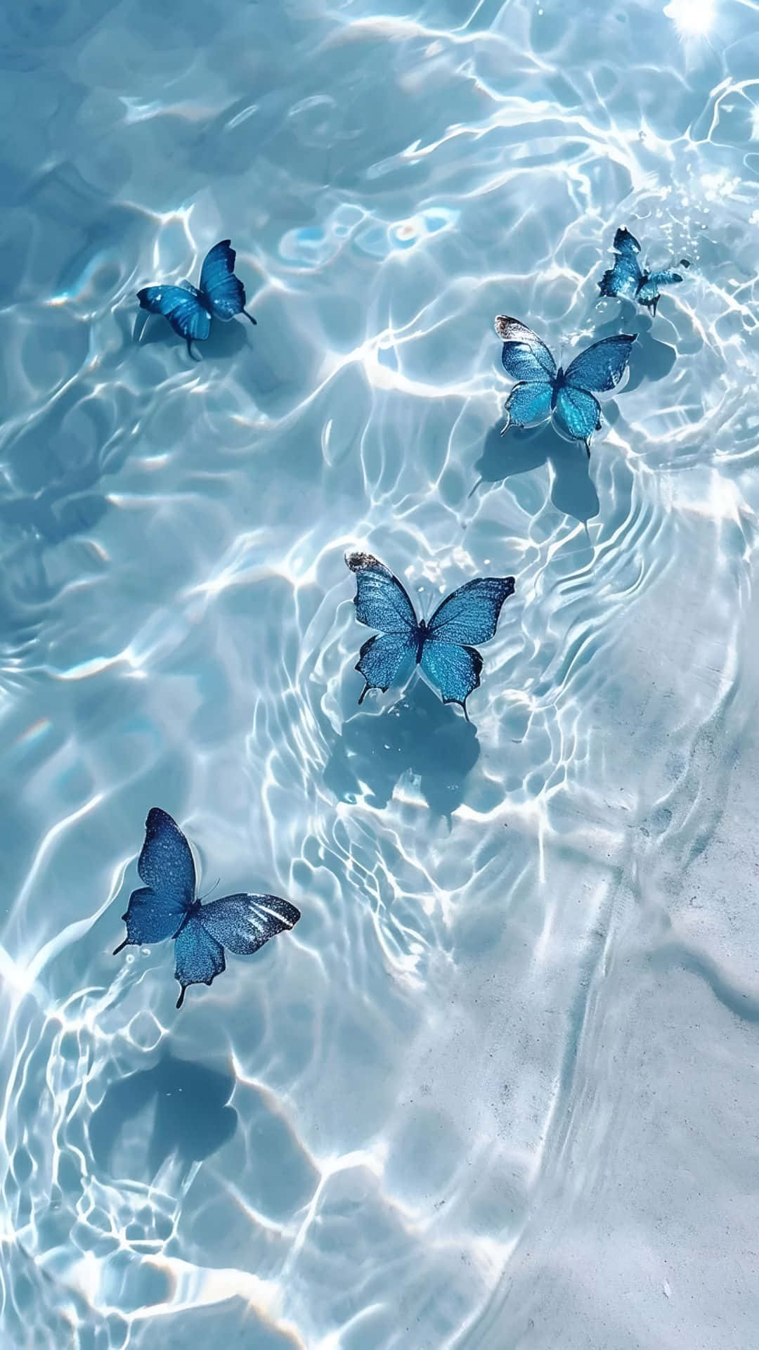 blue butterflies, ocean water, sunlit surface, Full HD Phone Wallpaper