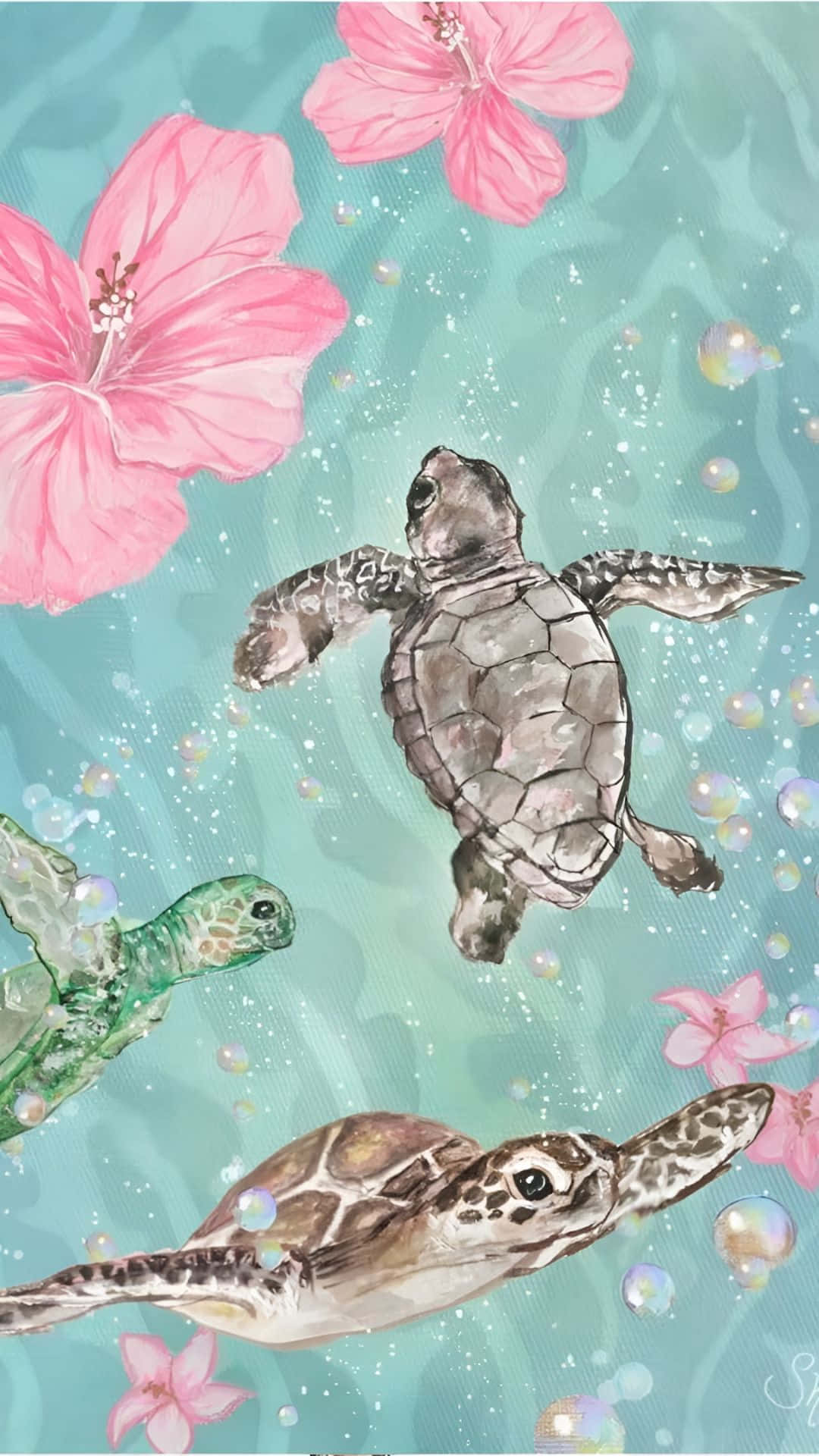 sea turtles, turquoise water, pink hibiscus flowers, Full HD Phone Wallpaper