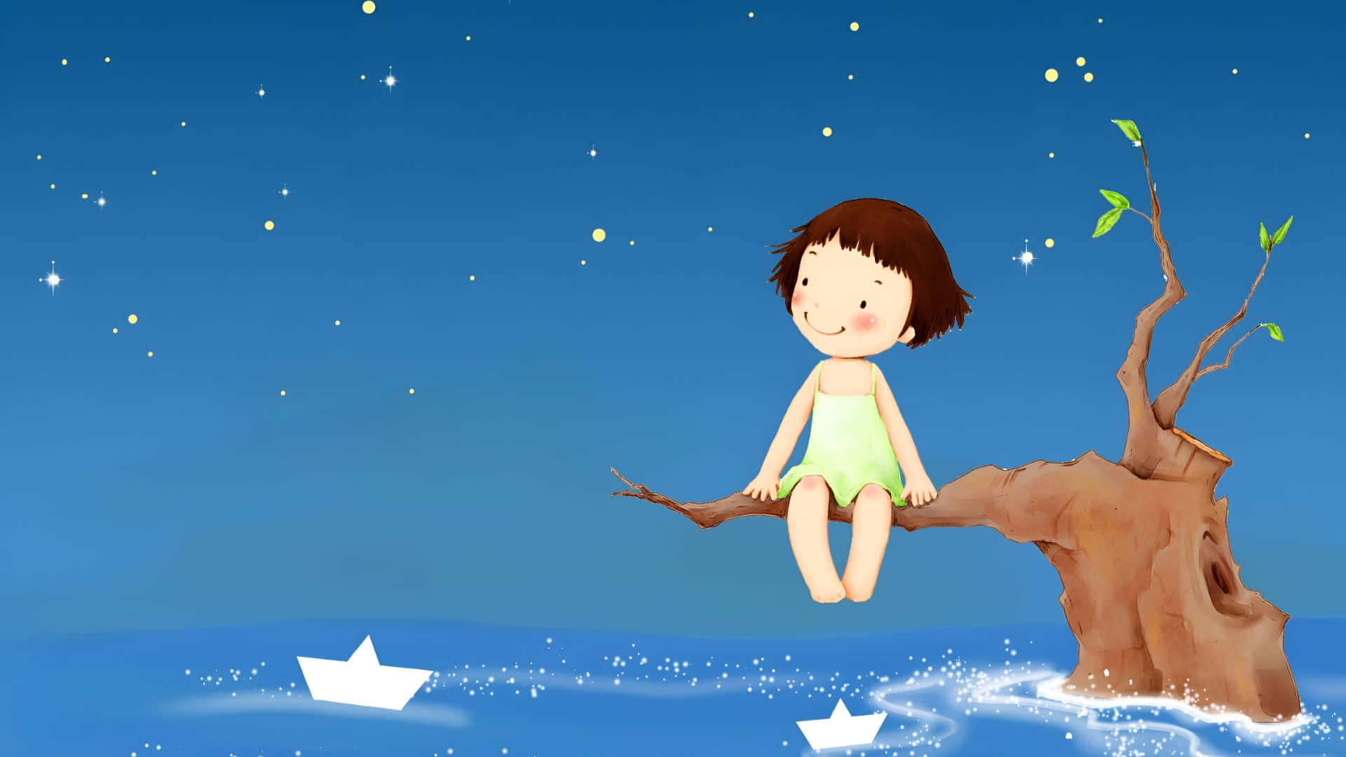 cartoon girl, green dress, tree stump, Full HD Desktop Wallpaper