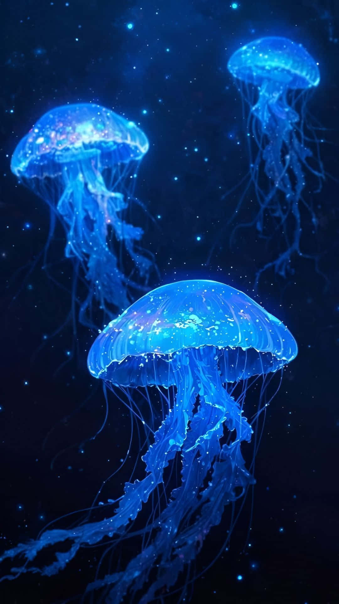 glowing blue jellyfish, starry cosmic ocean, sparkling particles, Full HD Phone Wallpaper