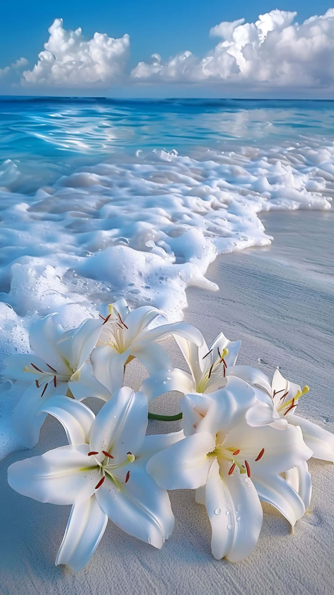 ocean waves, white lilies, sunlit sand, Full HD Phone Wallpaper