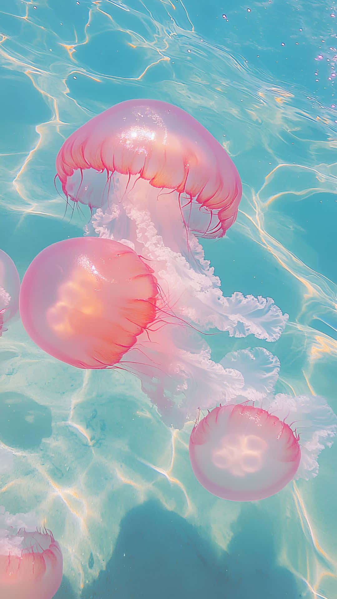 cute pink jellyfish, sunlit turquoise water, rippling surface reflections, Full HD Phone Wallpaper