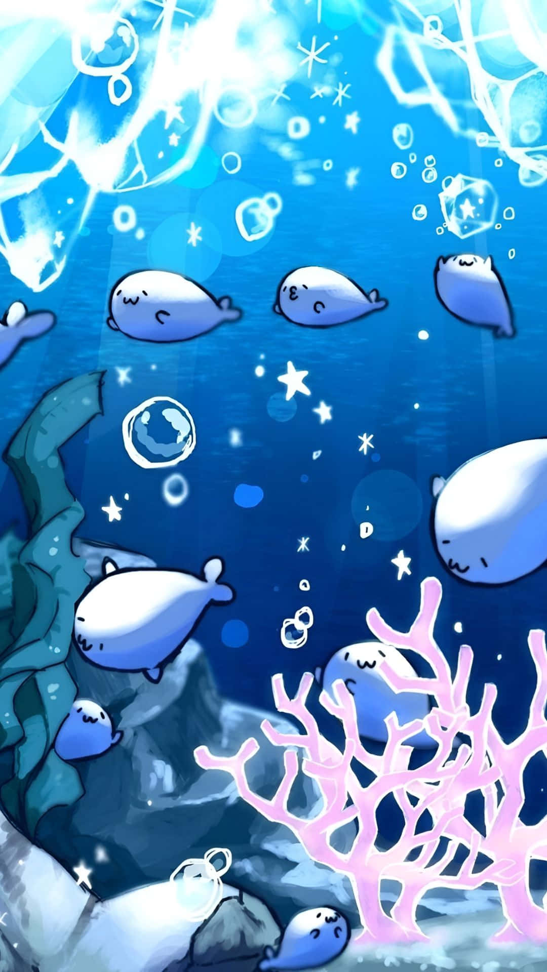 Cute Ocean, baby seals, glowing blue underwater scene, Full HD Phone Wallpaper