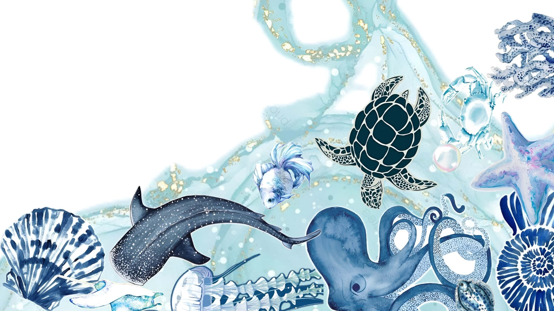 shark, turtle, octopus, Full HD Desktop Wallpaper