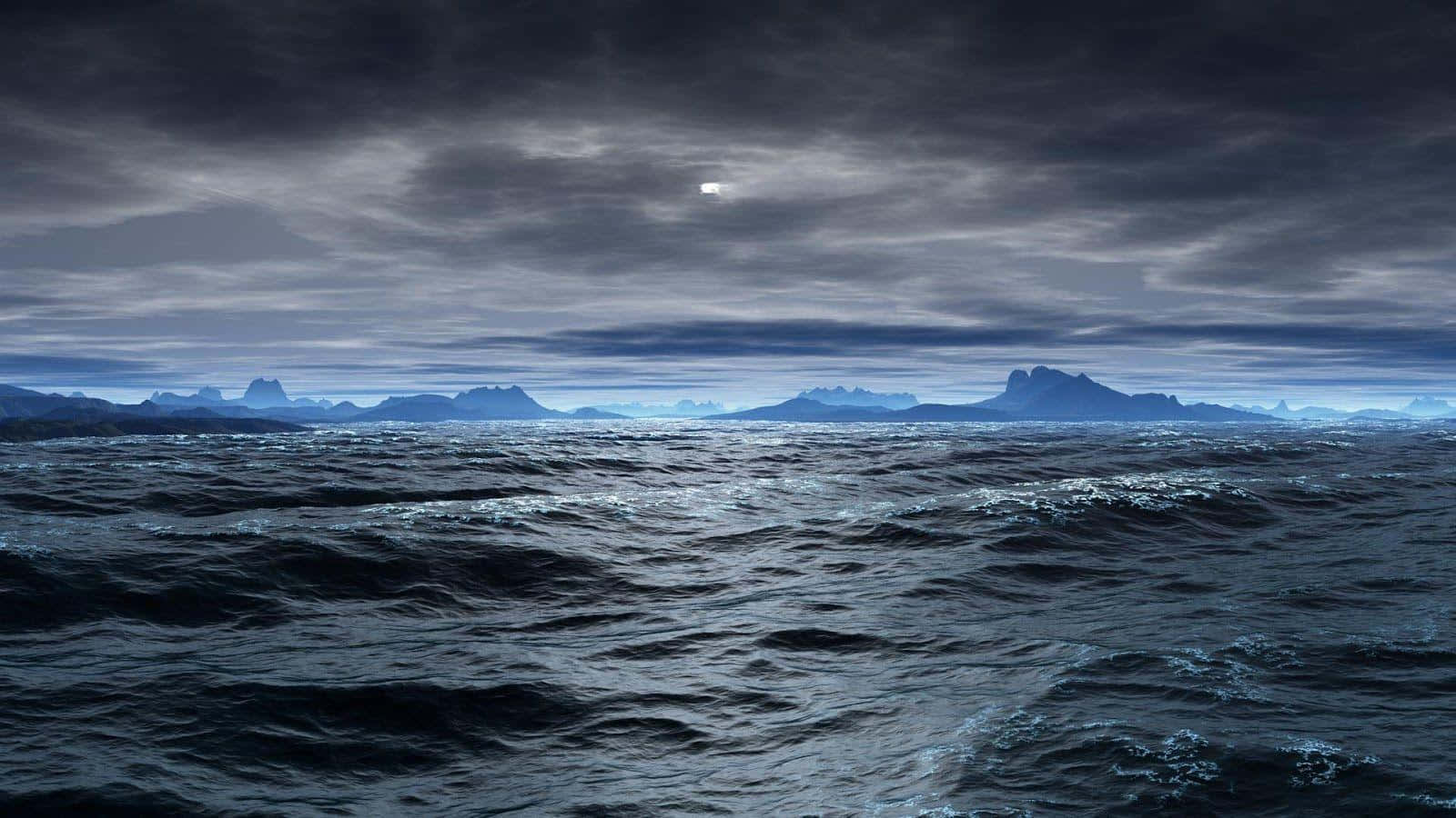 moody ocean, cloudy sky, distant mountains, HD Desktop Wallpaper