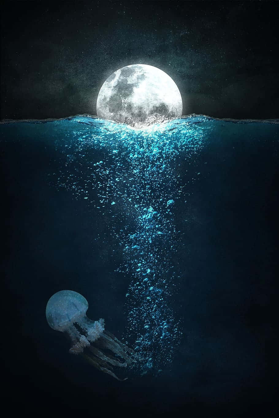 luminous full moon, ethereal blue light, jellyfish, HD Phone Wallpaper