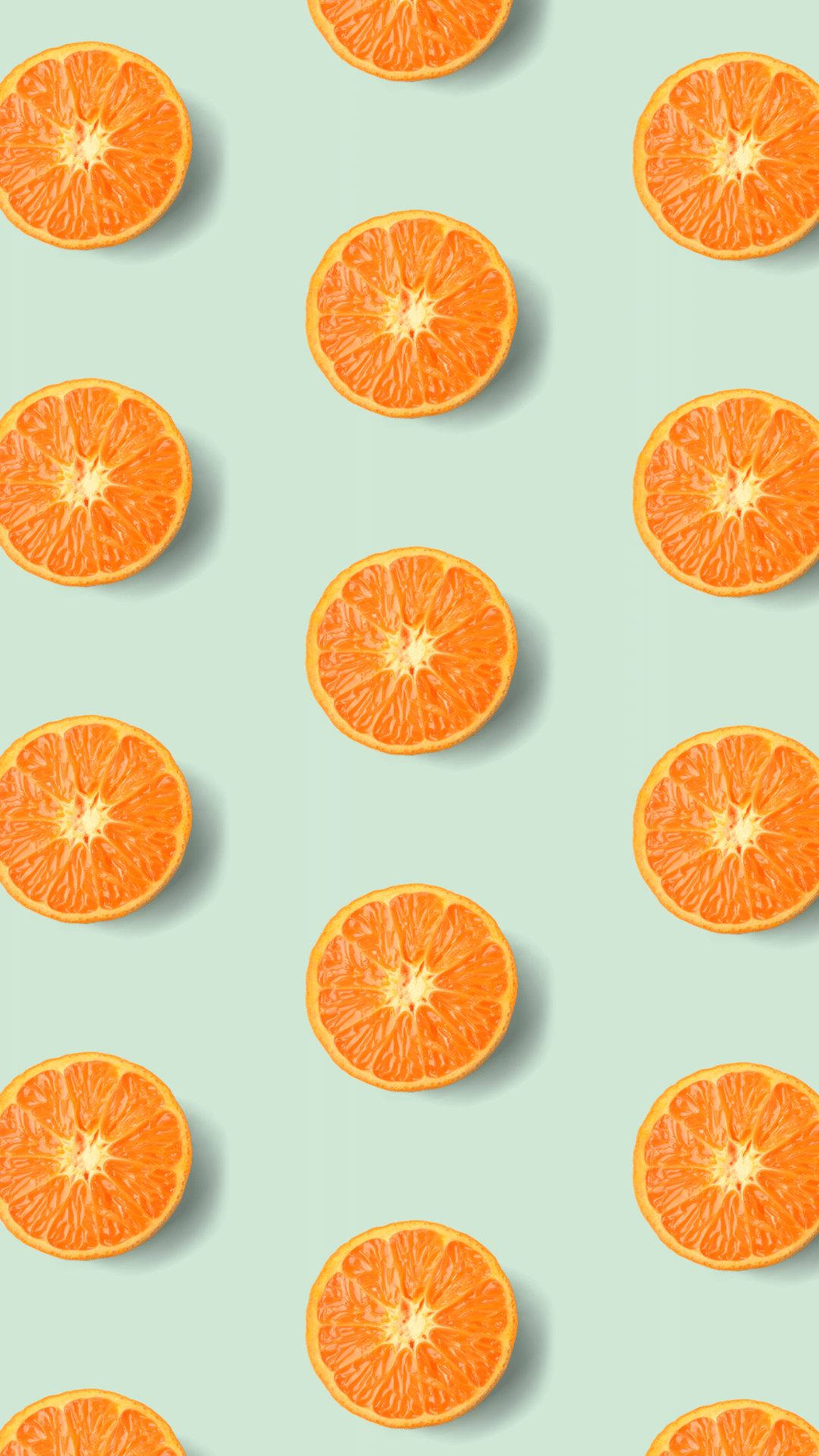 sliced orange fruits, repeating pattern, mint green background, Full HD Phone Wallpaper