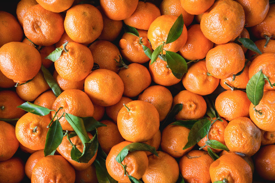 tangerines, glossy orange skin, scattered green leaves, SD Desktop Wallpaper