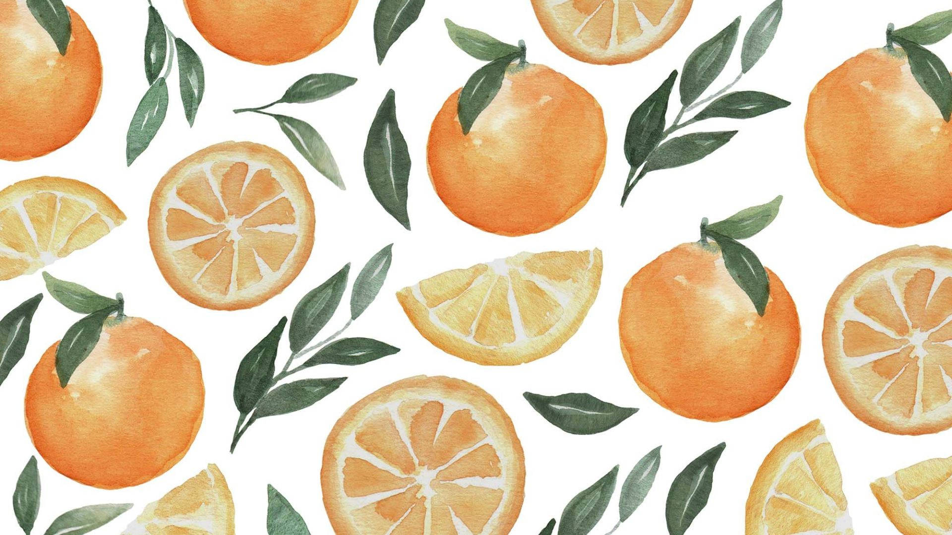 orange fruit, watercolor, green leaves, Full HD Desktop Wallpaper