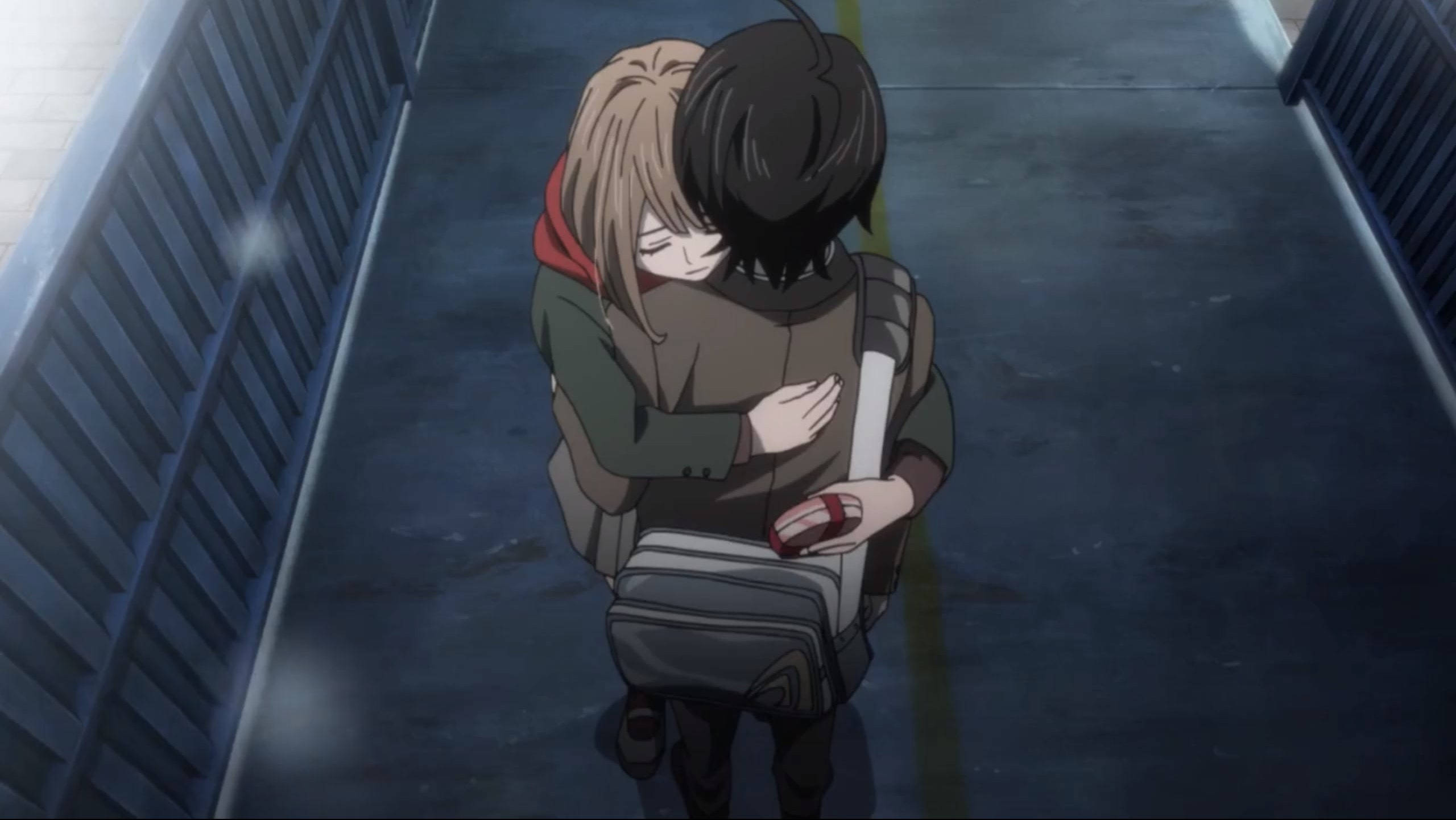 anime couple, orange, dimly lit pedestrian bridge, 2K Desktop Wallpaper
