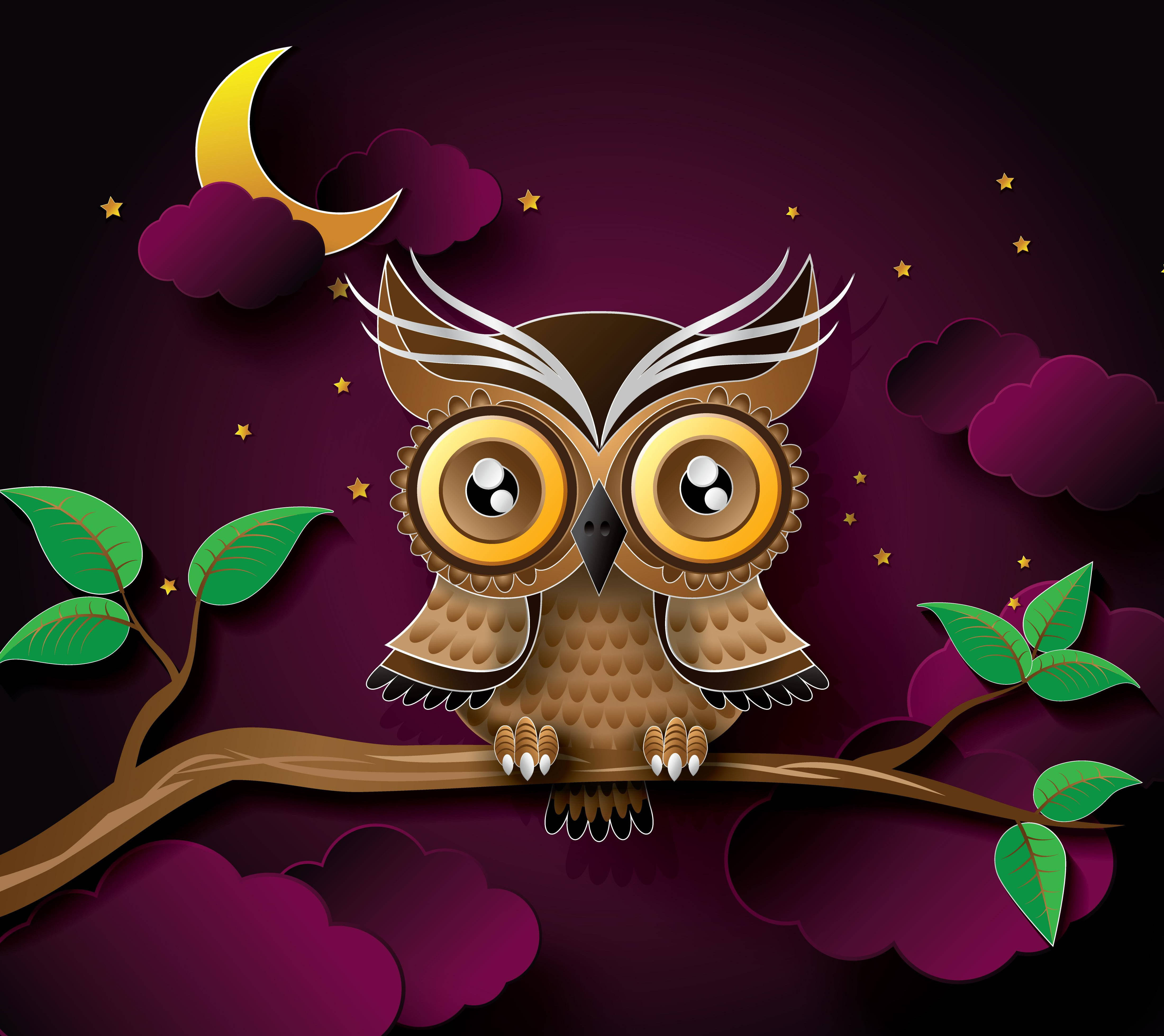 cute owl, big yellow eyes, crescent moon, 4K Desktop Wallpaper