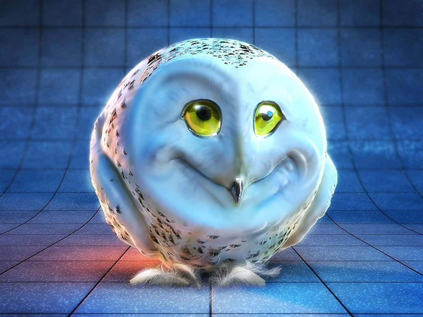 cartoon snow owl, glowing yellow eyes, wide grin, HD Desktop Wallpaper