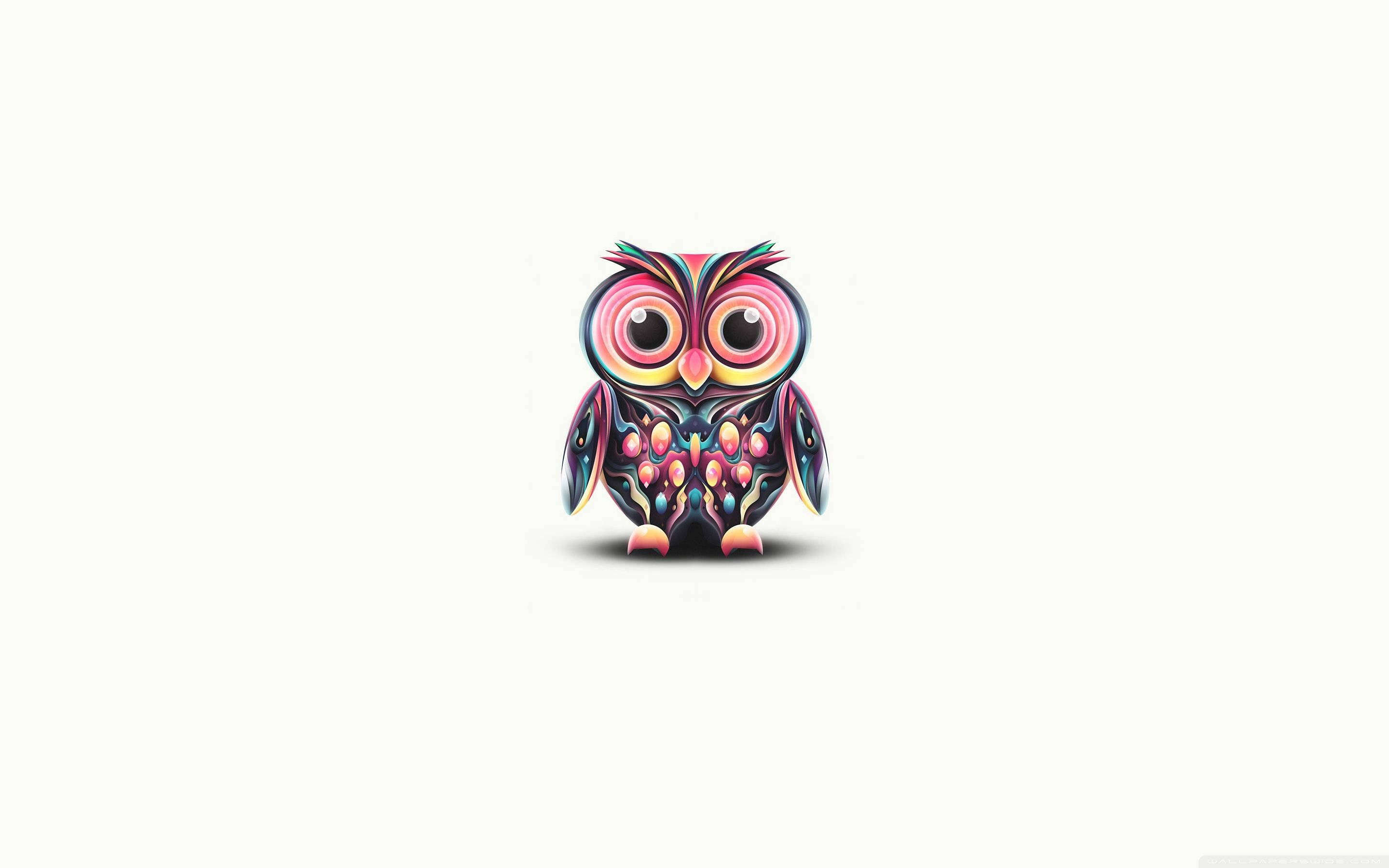 3D Cute Owl, swirling pink purple and blue patterns, off white background, 2K Desktop Wallpaper