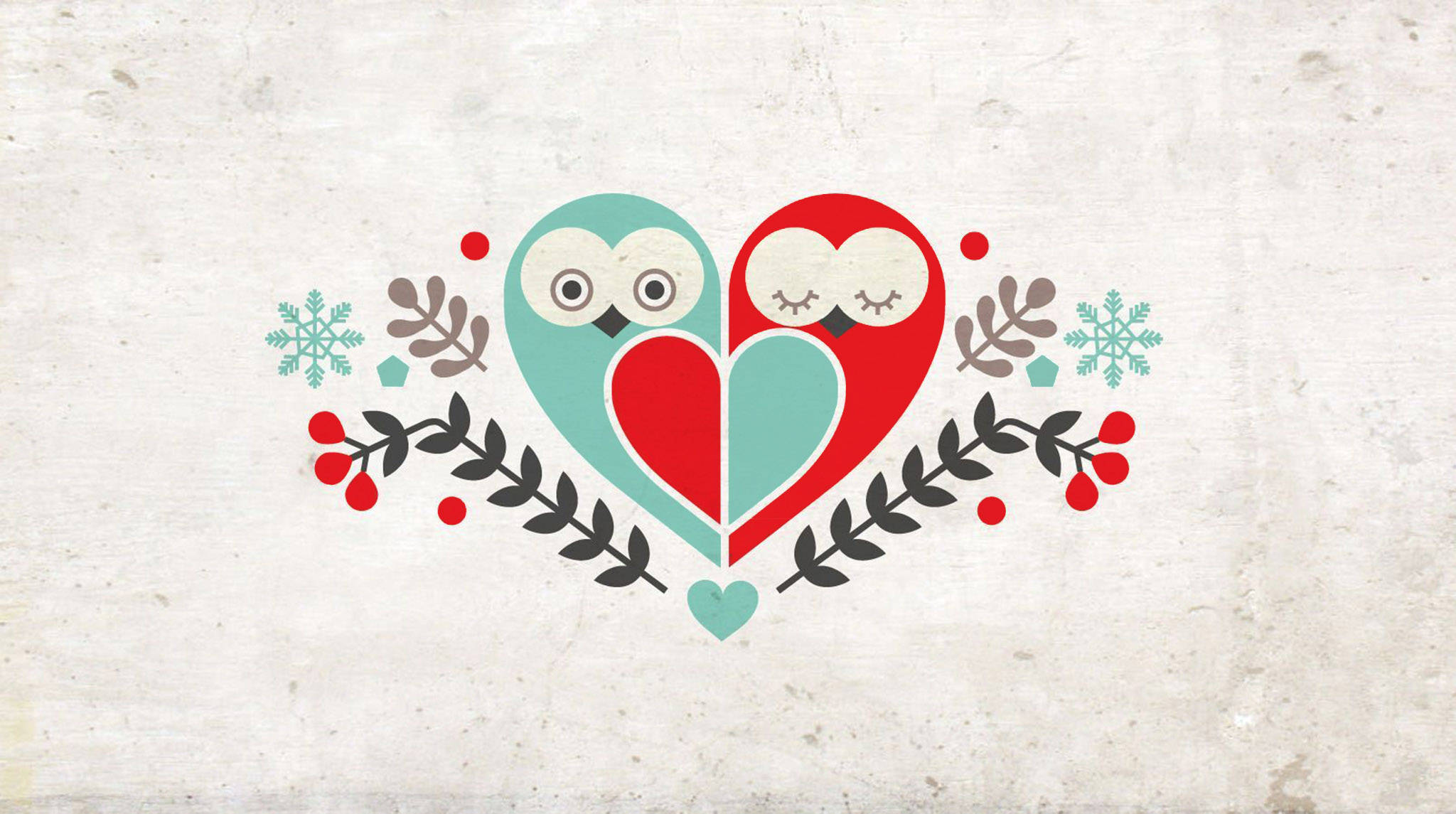 Cute Owl, heart shapes, festive winter foliage, Full HD Desktop Wallpaper