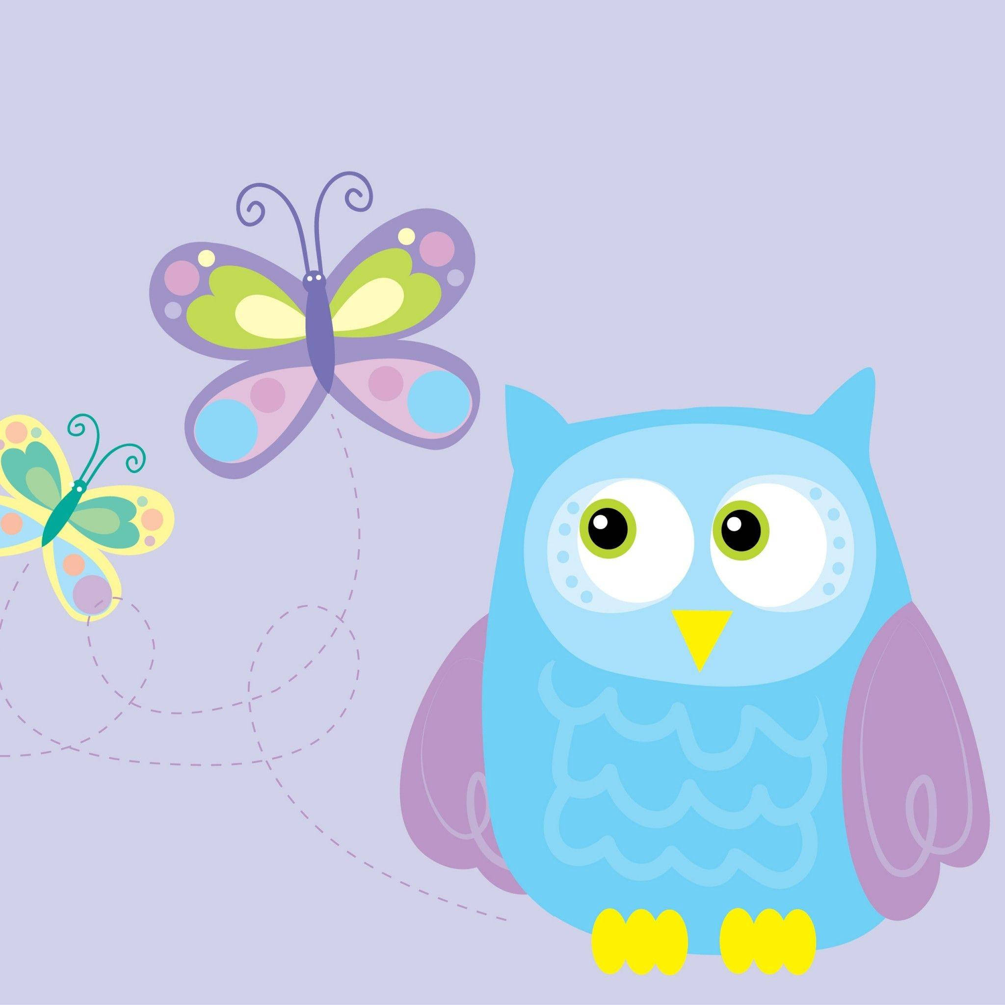 Cute Owl, butterflies, blue cartoon owl, Full HD Desktop Wallpaper