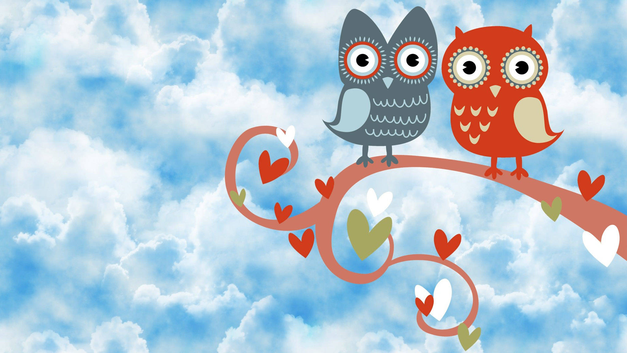cute owl couple, stylized cartoon owls, vine adorned with hearts, Full HD Desktop Wallpaper