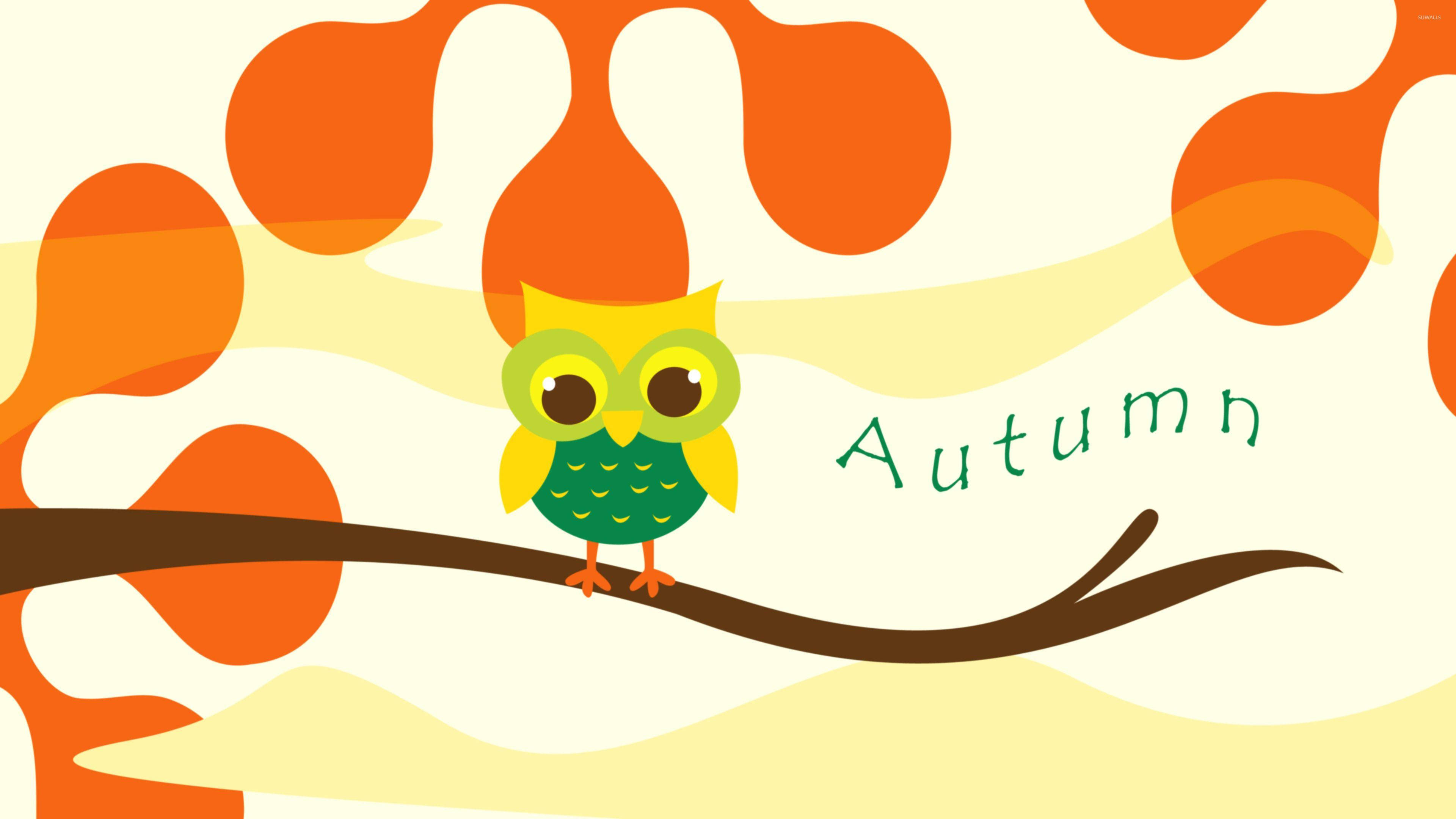 Autumn, green and yellow owl, branch, 4K Desktop Wallpaper