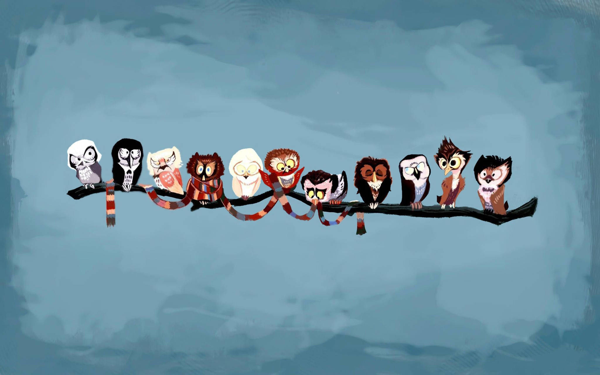 cartoon owls, varied expressions, scarves, Full HD Desktop Wallpaper