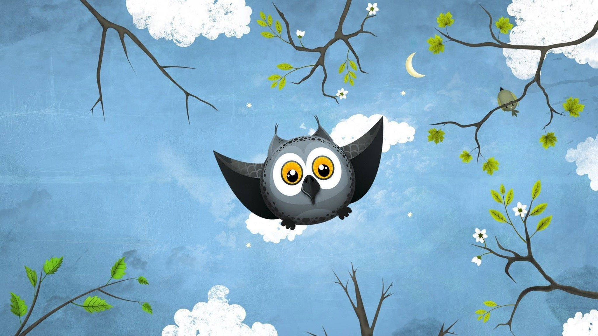 Cute Owl, blue sky, white clouds, Full HD Desktop Wallpaper