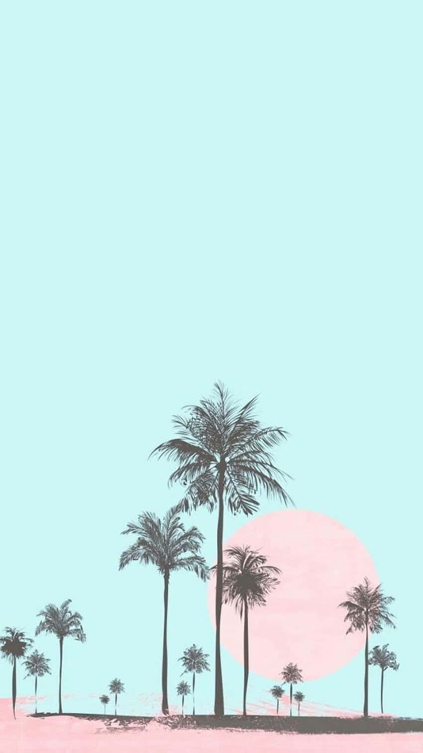 Cute Palm Tree, pastel pink sun, mint green sky, HD Phone Wallpaper