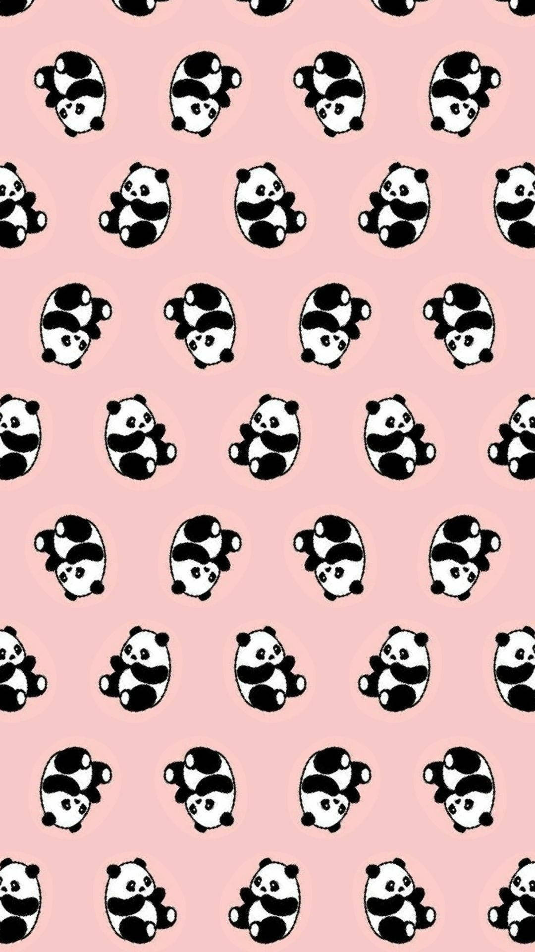 aesthetic panda pink pattern, black and white cartoon pandas, soft pink background, Full HD Phone Wallpaper