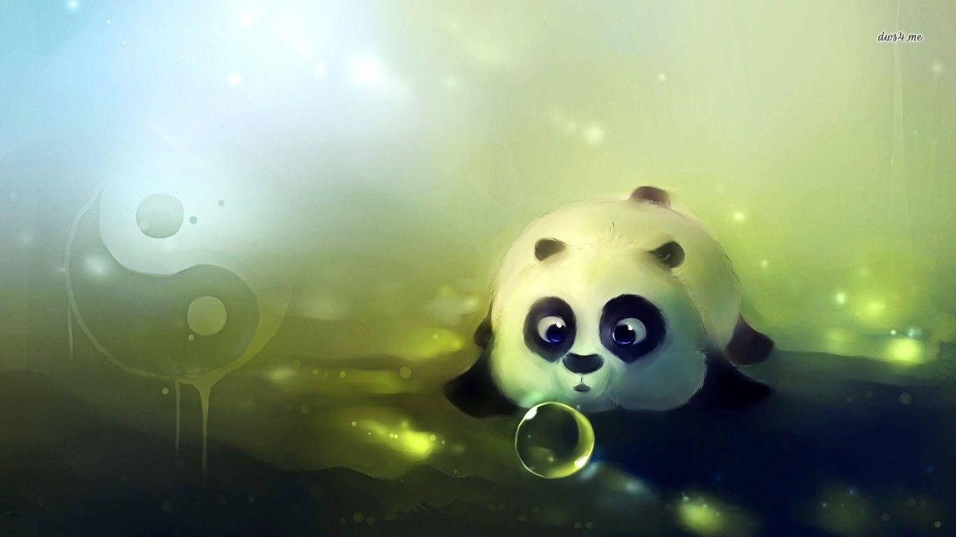 bright yellow, cute panda, glowing green and blue mist, HD Desktop Wallpaper