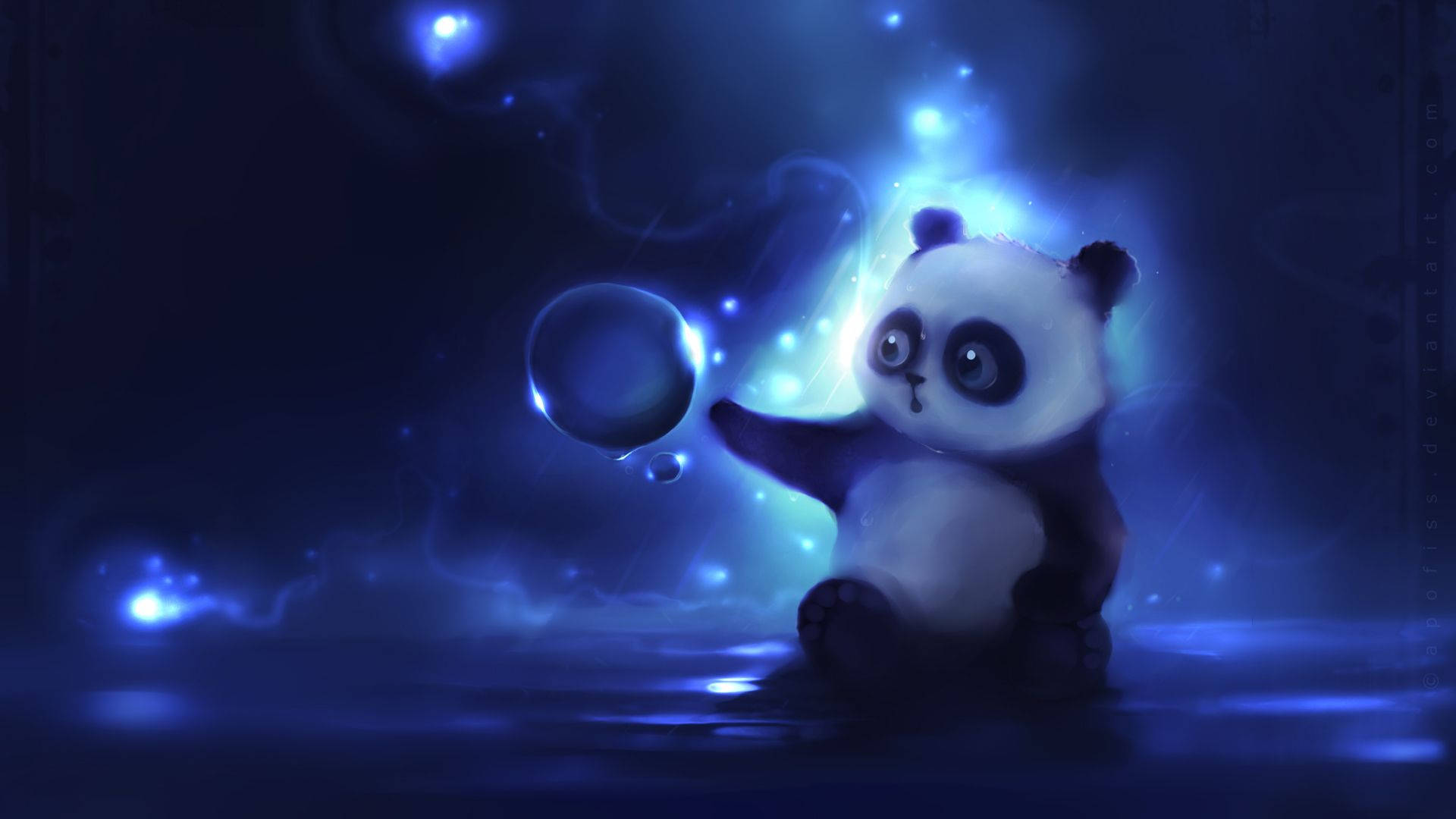 cute panda, blue bubble, glowing blue void, Full HD Desktop Wallpaper