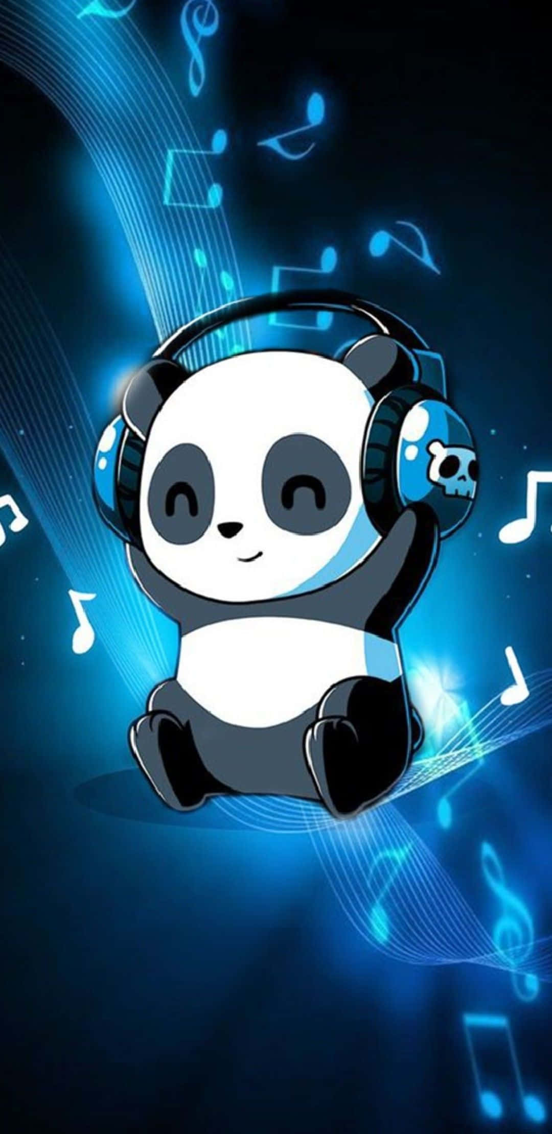 cute cartoon panda, headphones, glowing blue musical notes, Full HD Phone Wallpaper