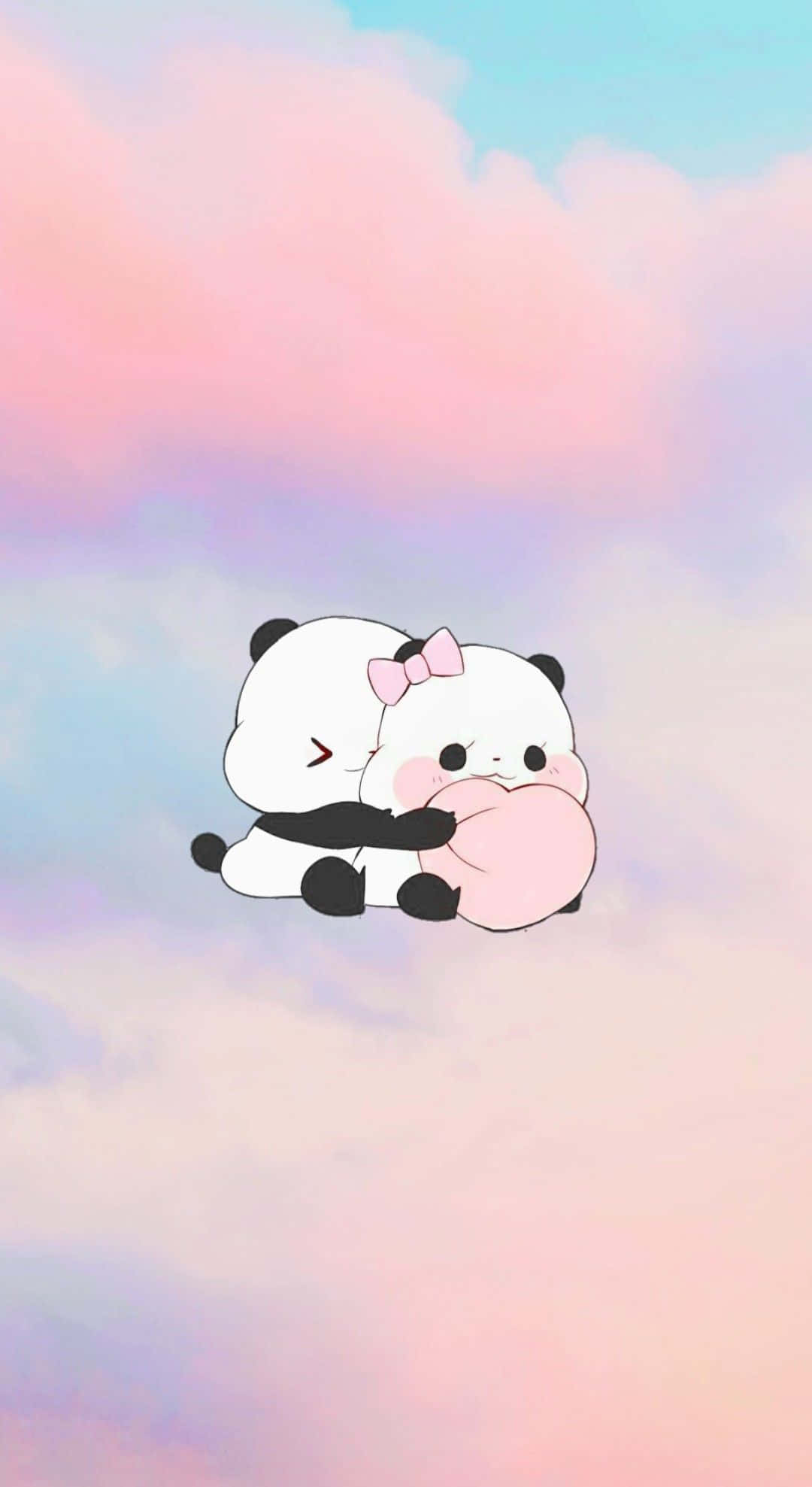 cute cartoon panda, pink bow, pink pillow, Full HD Phone Wallpaper