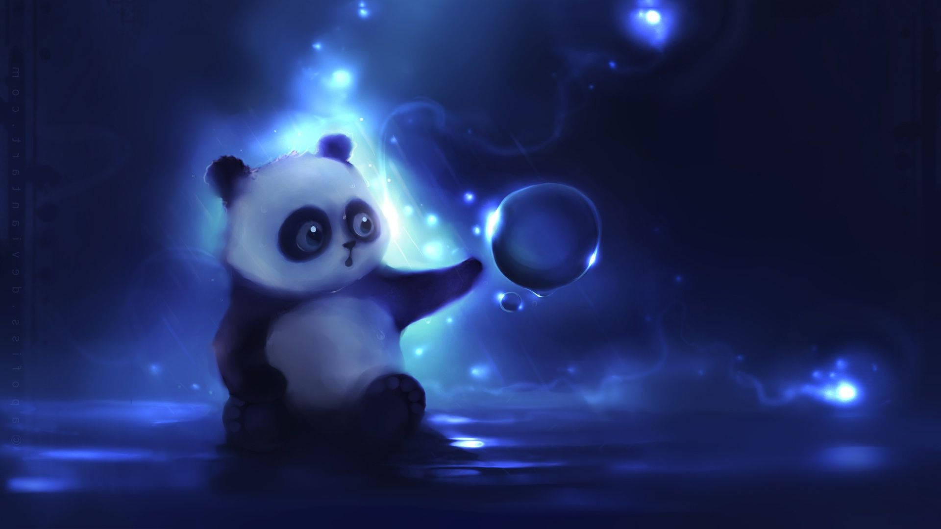 panda, glowing blue water, shimmering bubble, Full HD Desktop Wallpaper