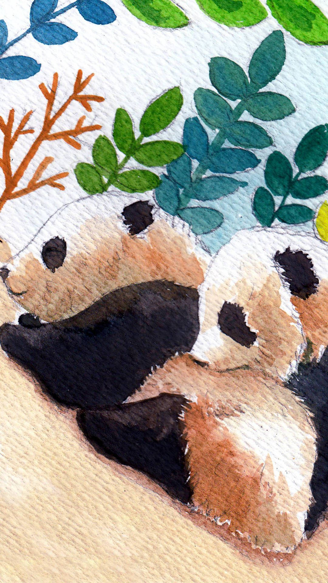 cute panda, green and blue leaves, soft watercolor painting, Full HD Phone Wallpaper