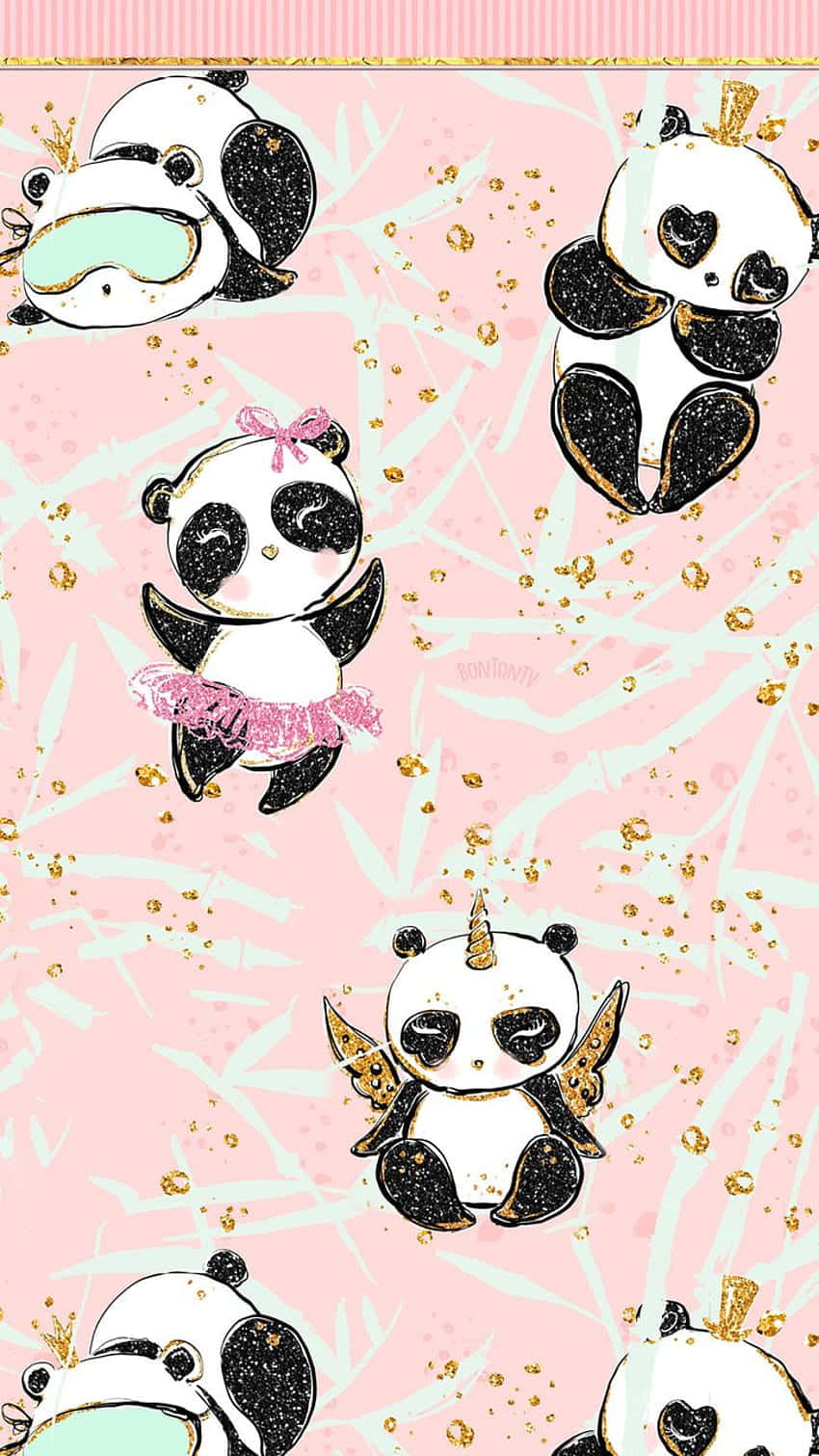 Girly Cute Panda Pastel Gold, glittery pandas, whimsical outfits, HD Phone Wallpaper