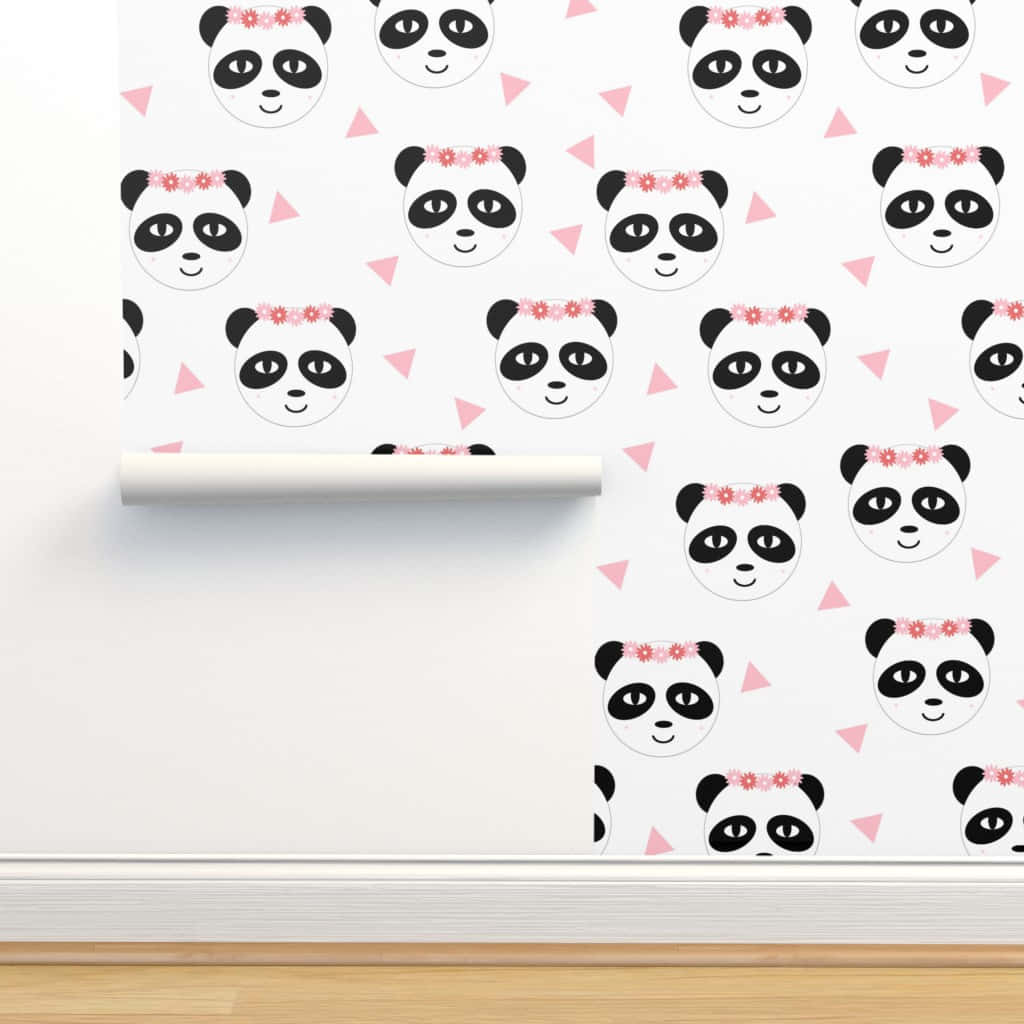 girly cute panda ribbon wall, cute pandas, pink floral crowns, SD Desktop Wallpaper