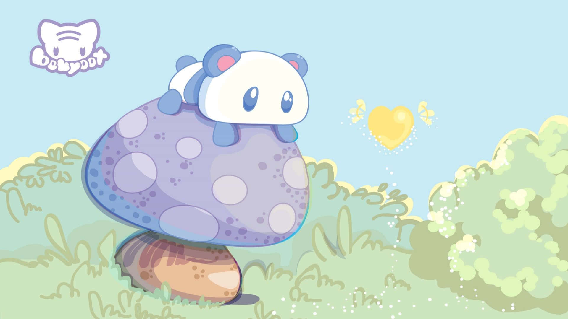 Cute Kawaii Panda, spotted mushroom, soft pastel meadow, Full HD Desktop Wallpaper