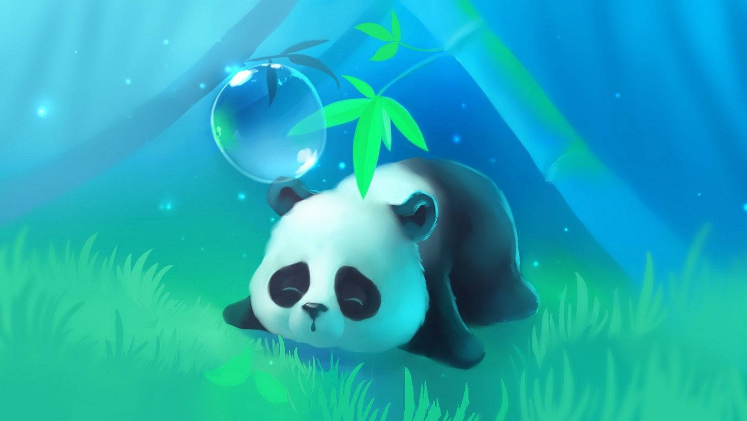 Cute Panda, glowing green grass, blue sky, HD Desktop Wallpaper