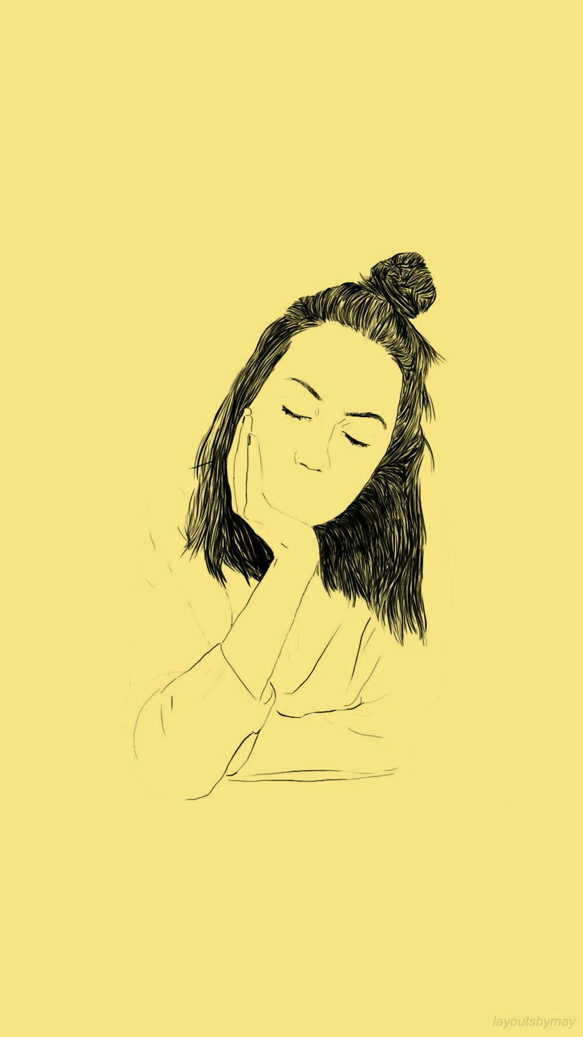 cute pastel yellow aesthetic woman, minimalist line drawing, woman with eyes closed, Full HD Phone Wallpaper