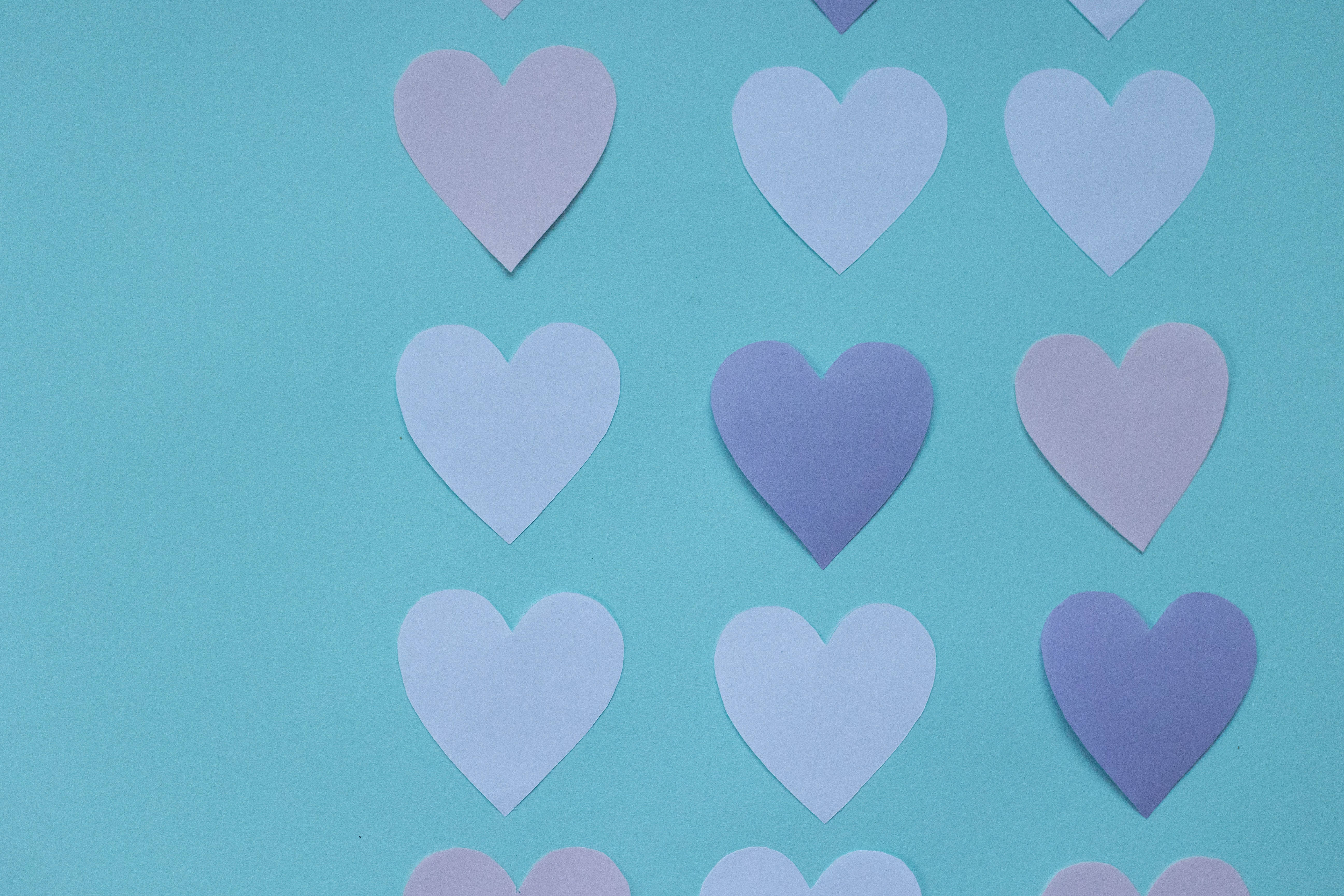 pastel purple, white paper hearts, neat rows, 5K Desktop Wallpaper