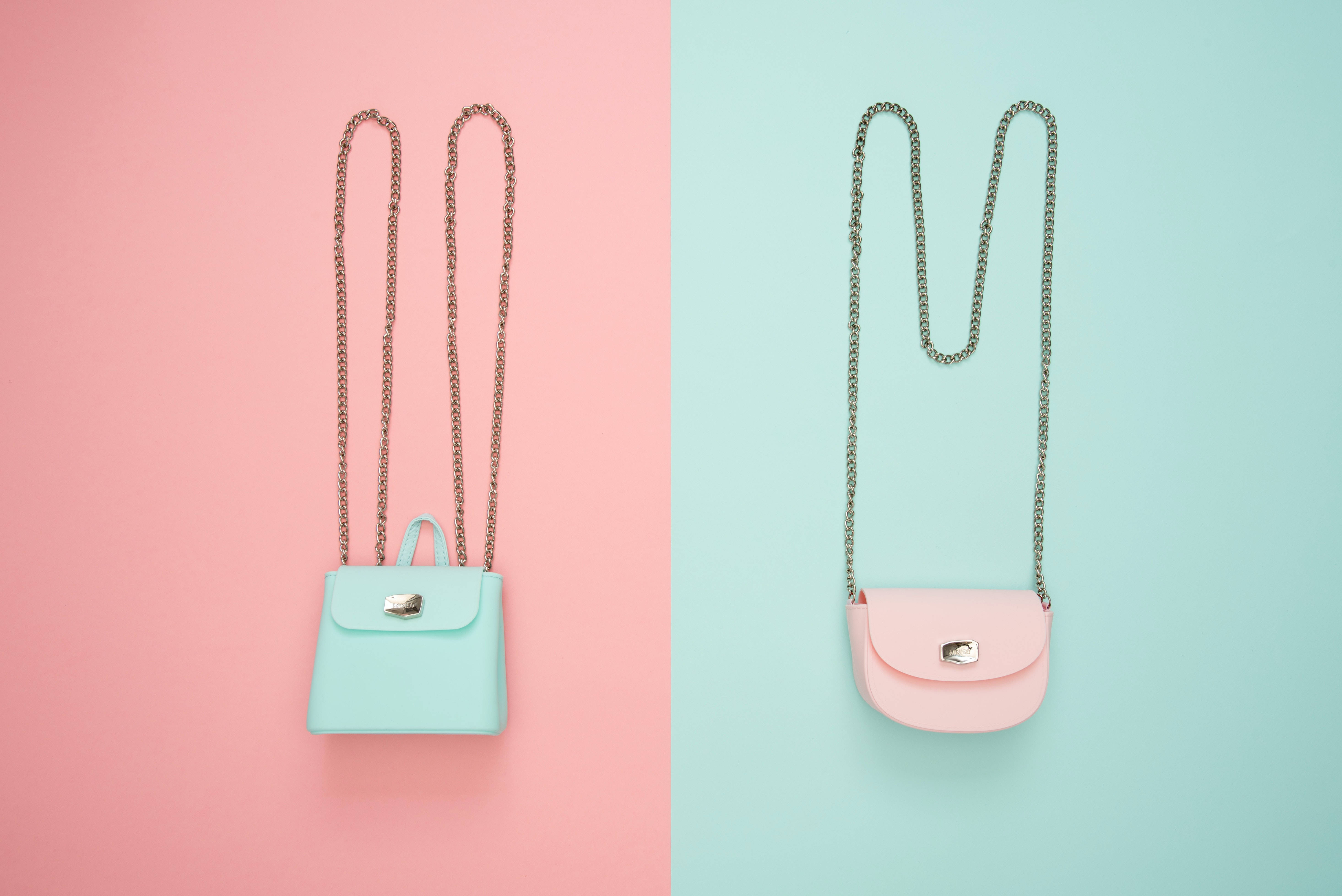 pastel mini purses, chain straps, split pink and teal backgrounds, 5K Desktop Wallpaper